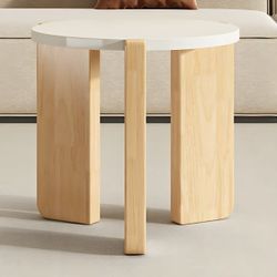 Round White Modern Coffee Table with Natural Wood Three-Leg Base - Wood 19.7"L x 19.7"W x Brand New still in the box (A791)