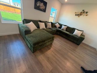 Large Green Velvet Sectional Sofa with Chaise