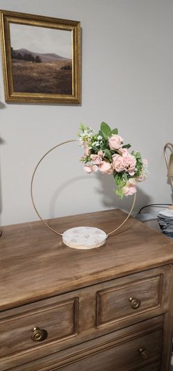 Gold Hoop Floral Centerpiece with Wood Base