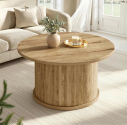 Modern Round Coffee Table – Natural Wood Fluted Base 31.5”