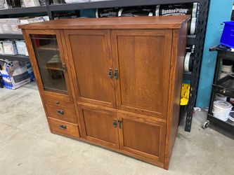 Mission Style Entertainment Armoire with Leaded Wavy Glass Door Side Cabinet and Pocket Doors
