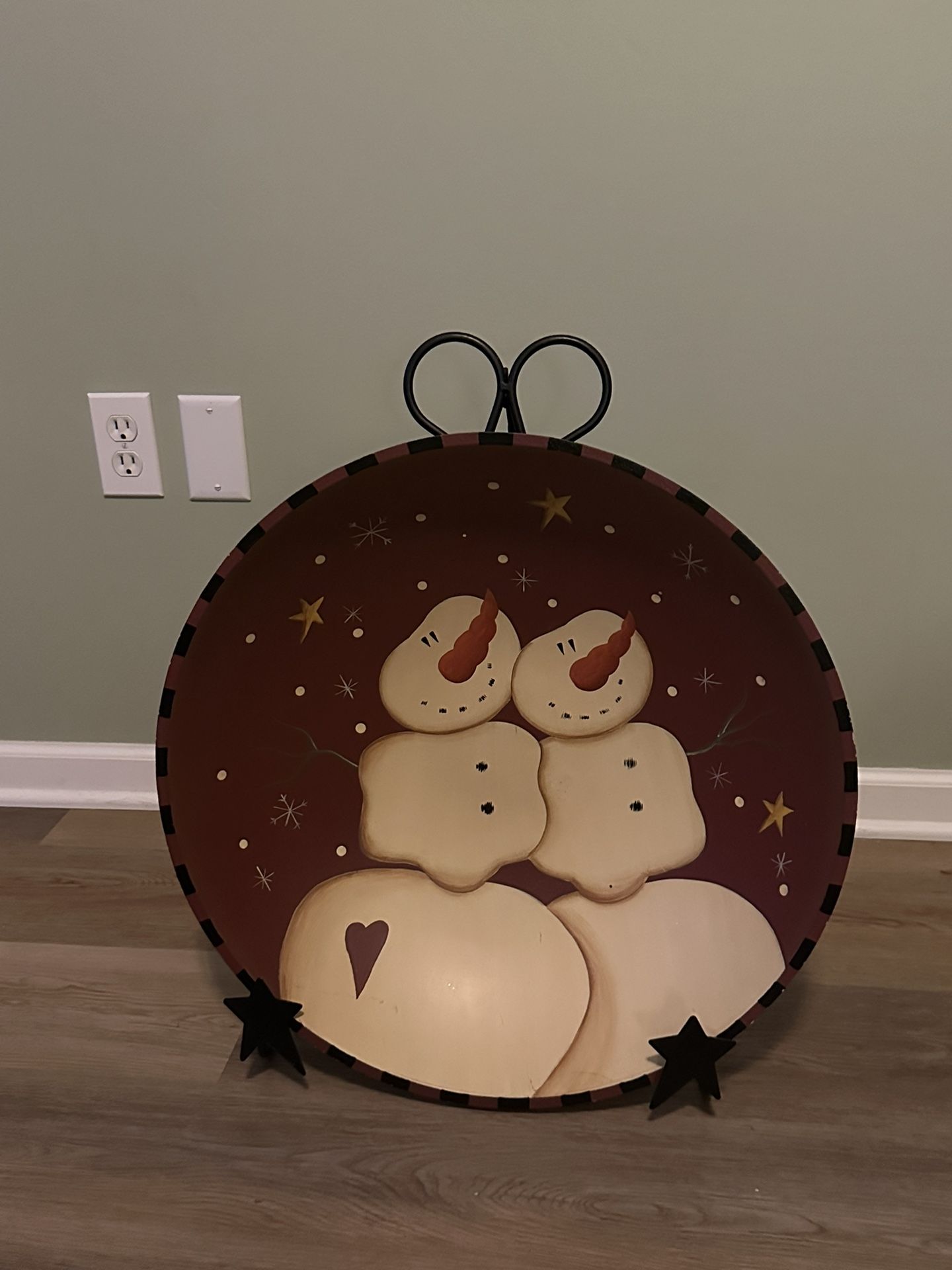 Large primitive snowman bowl with metal stand