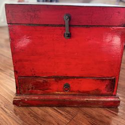 Vintage Red Wooden Chest with Drawer and Hidden Storage