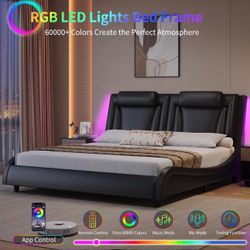 Queen/King Size LED Upholstered Bed Frame with Adjustable Headboard, Black | Platform Bed