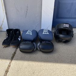 Boxing gloves , head gear and shoes