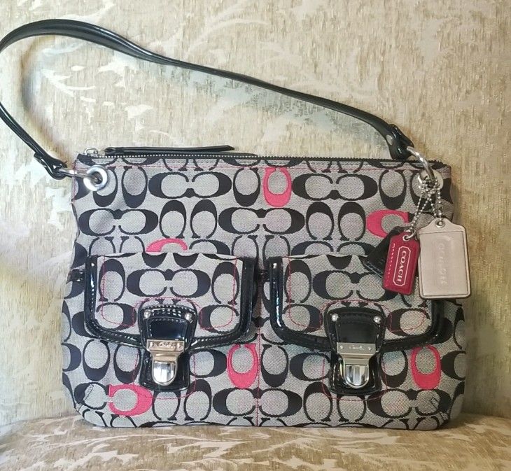 Coach Poppy Black/Grey/Red Signature Jacquard & Patent Trim Hippie Hobo