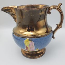 Antique English Copper Lusterware Couple Relief Cream Pitcher