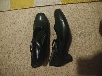 Style plus heels with buckle strap, black, size 8M
