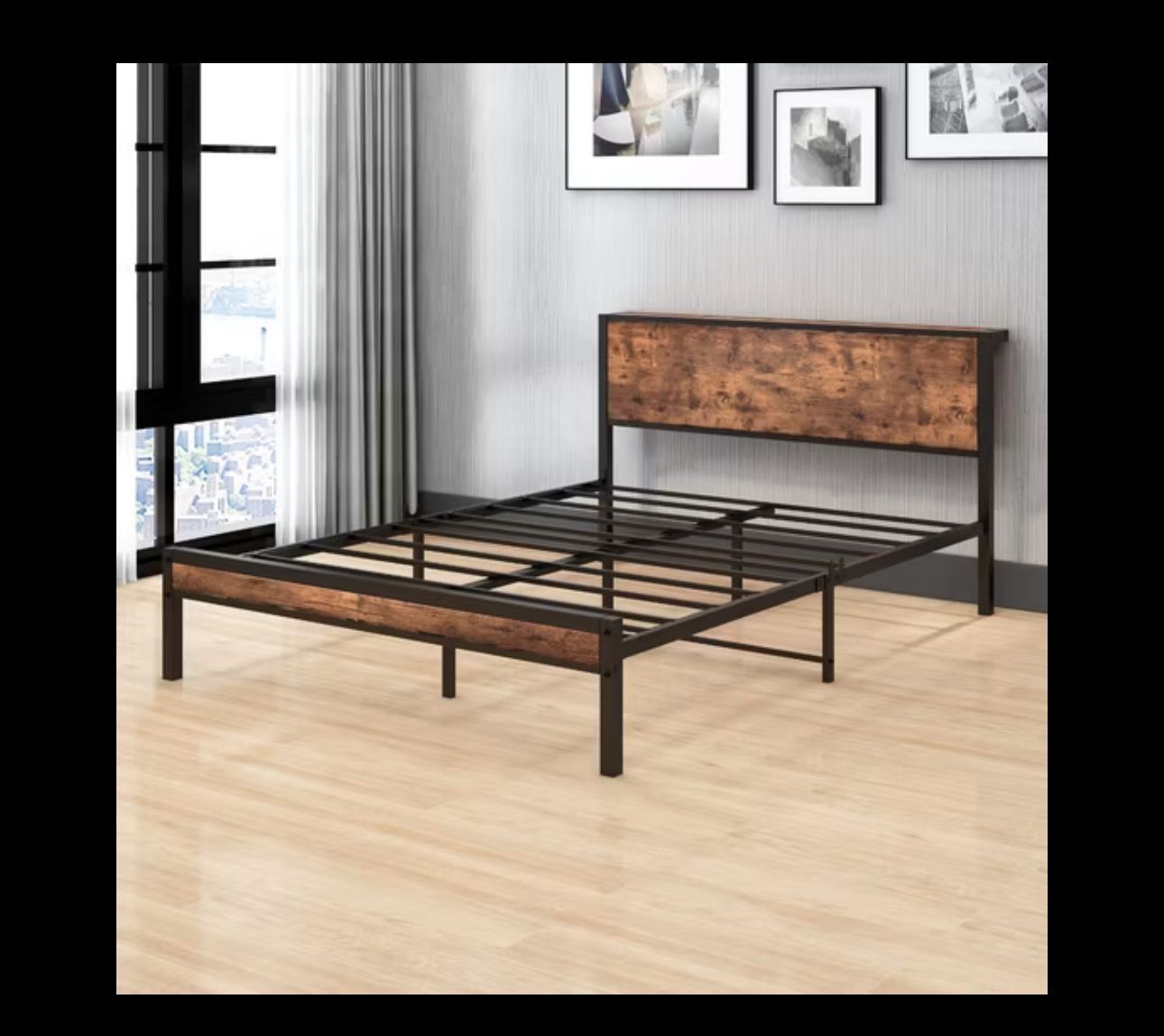 Full size bed frame with headboard, sturdy platform, reinforced steel frame with square tube platform, strong slat support, no box spring needed.