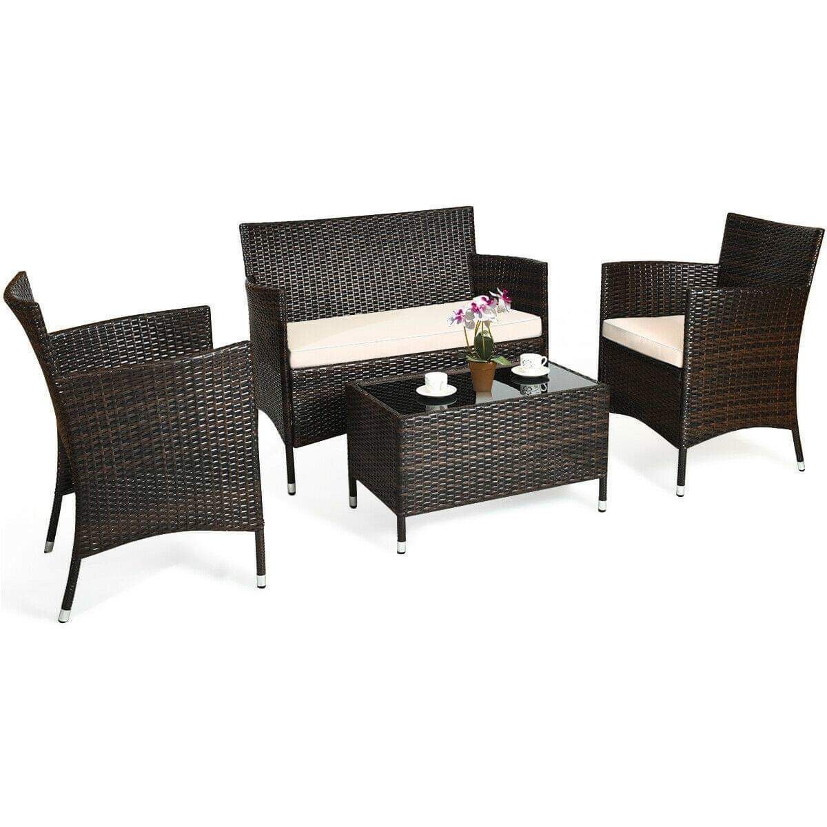 4 pcs outdoor rattan wicker furniture set 2 chairs and 1 coffee table love seat swimming pool side backyard patio porch