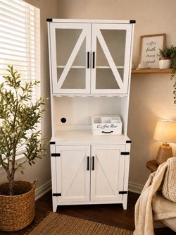 White Farmhouse Hutch Cabinet with Glass Doors