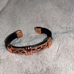 Solid Copper and Leather Magnetic Cuff Bracelet