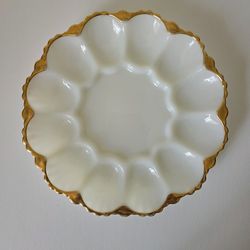 Deviled Egg Plate Anchor Hocking Milk Glass with Gold Trim