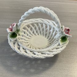 CERAMIC LATTICE BASKET HANDLE LANZARIN CERAMICHE ROSES MADE IN ITALY