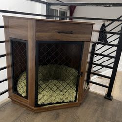 wood and metal corner table small dog crate with bed