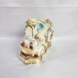 Mid Century Childs Piggy Bank Pastel Colored Ceramic Train Nursery Decor Happy smiling Bank. 