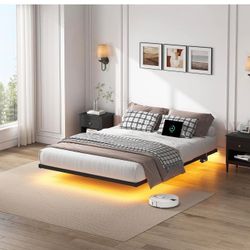 King SIZE Floating Bed Frame, Heavy Duty Bedframe with Smart LED Lights & Charging Station,