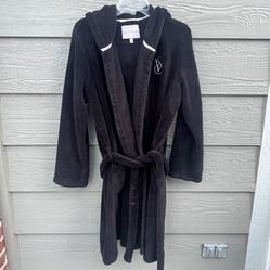 Victoria's Secret Women Black Plush Fleece Robe Hood Belted Pocket Large VS Logo