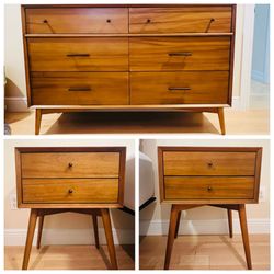 Mid-Century 6-Drawer Dresser (56") and 2 Nightstand