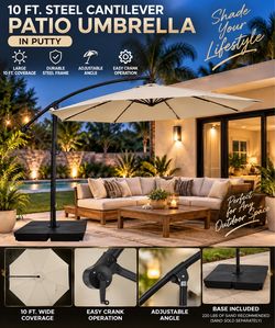 10 Ft Steel Cantilever Patio Umbrella in Putty