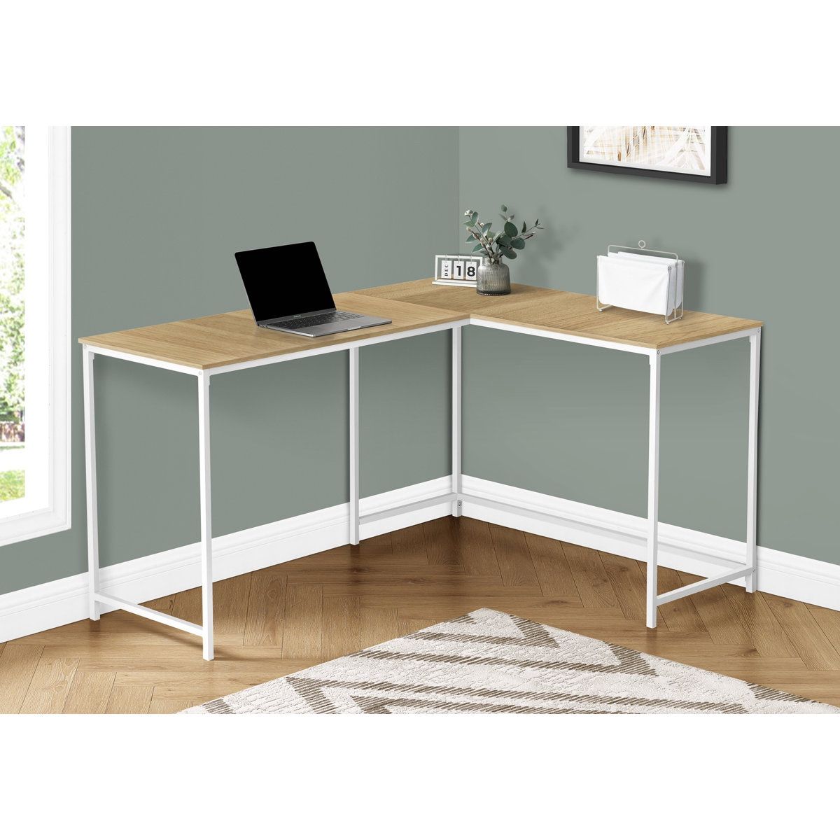 white metal L Shaped Base writing desk brown Wood desk Surface