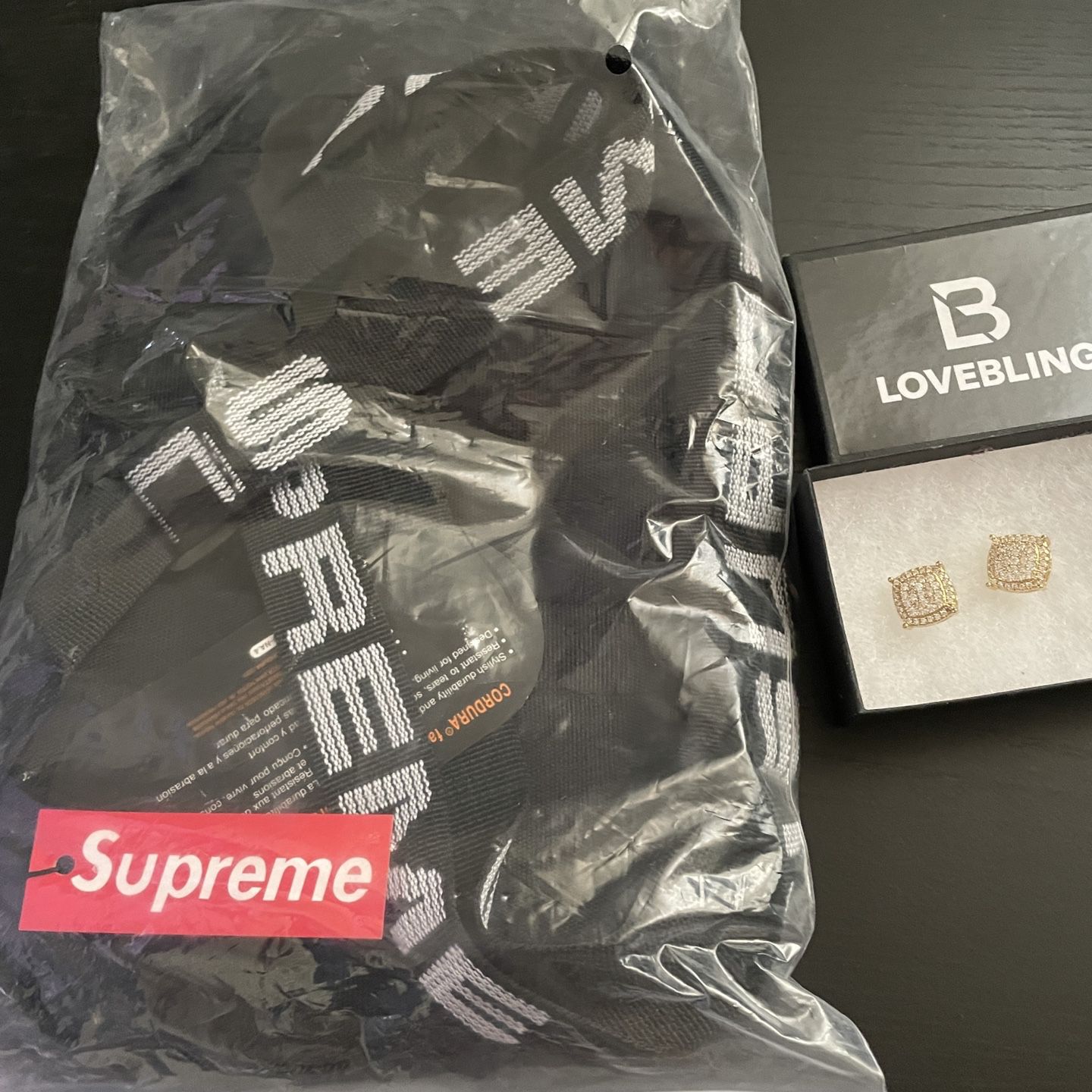 Supreme Bag and Gold LoveBling Earrings 2 Piece