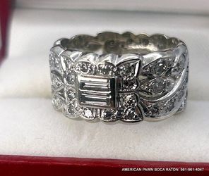 14k White Gold Wide Band Baguette & Round Cut Diamonds  Art Deco style size  7