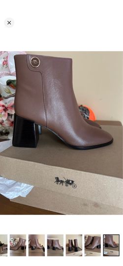 Coach Women's Brown Leather Ankle Boots with Block Heel