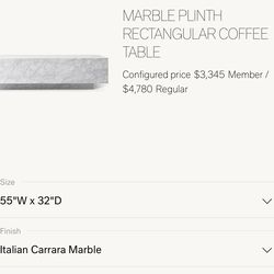 RH Marble Plinth 55” rectangle Coffee Table