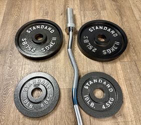 Olympic  Curl Bard & Brand NEW  Cast Iron Weight Plates 25s, 10s and 5s . Total: 97 lbs