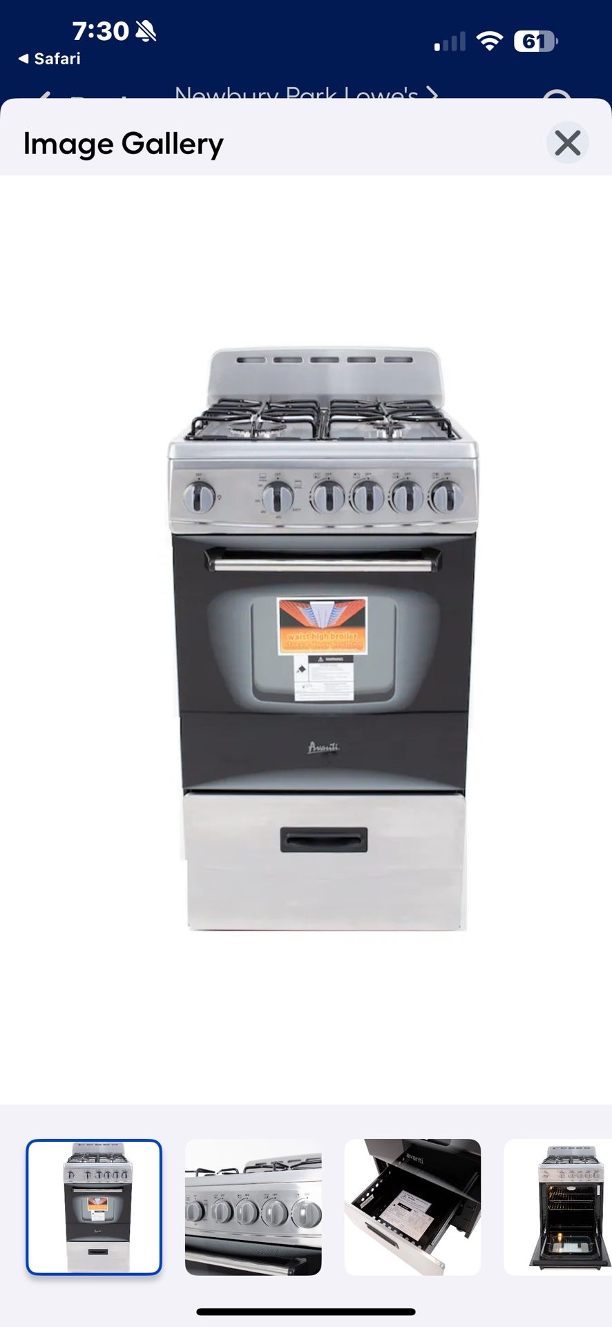 NEW IN BOX AVANTI 20” GAS RANGE WITH A 3 YEAR EXTENDED WARRANTY FULLY TRANSFERABLE 10/29/25