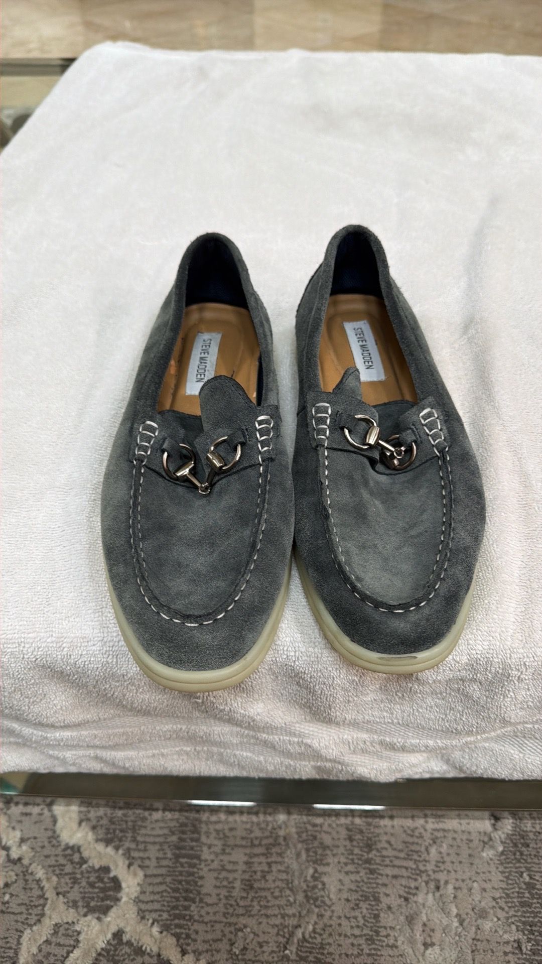 Steve Madden Loafers Mens Sz 10.5Gray Suede White Stitching Trim Faux Buckles