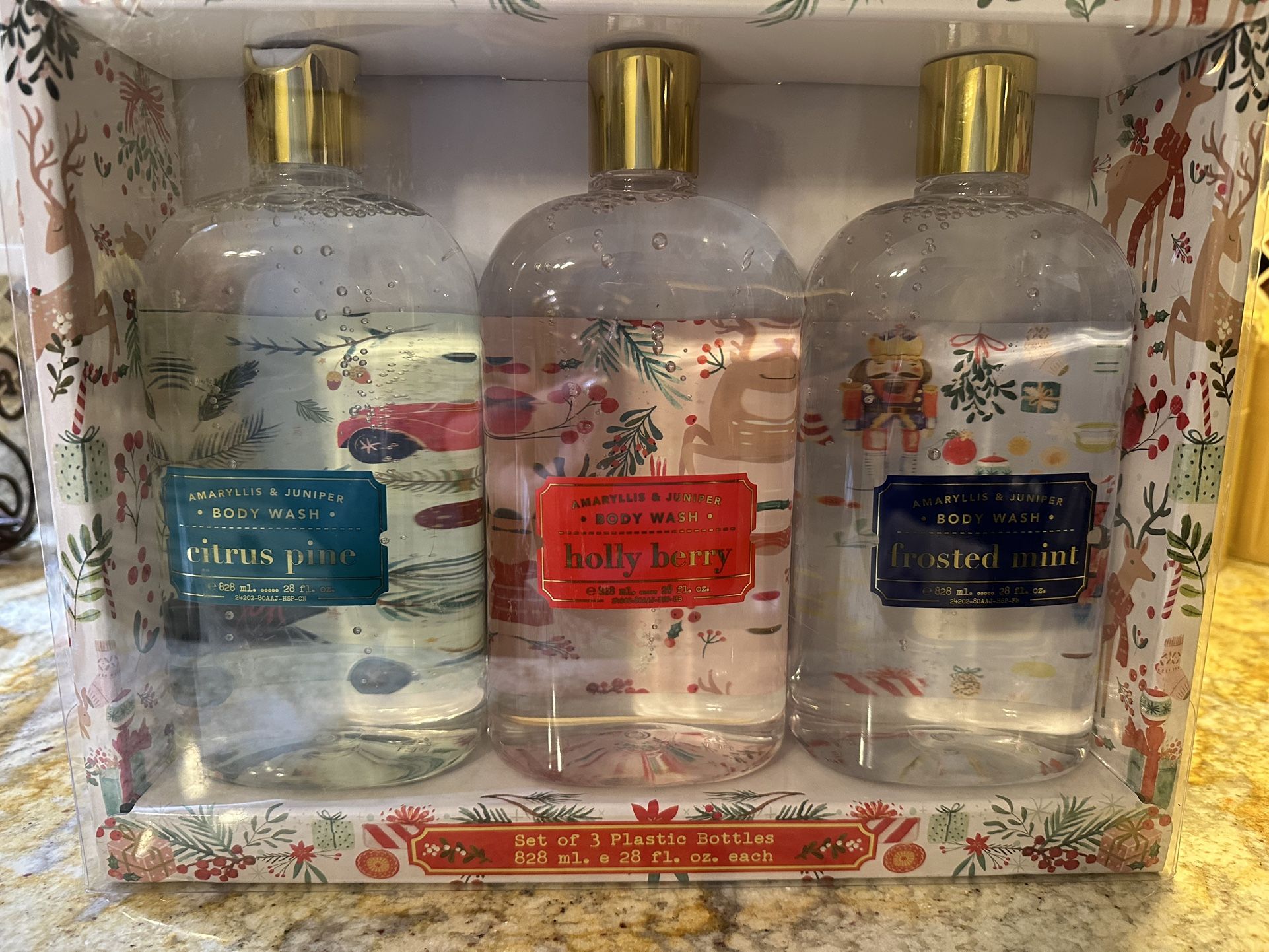 BRAND NEW - Set/3 - Amaryllis & Juniper Body Wash Collection (Citrus Pine/Holly Berry/Frosted Mint) 28 Fl Oz Each