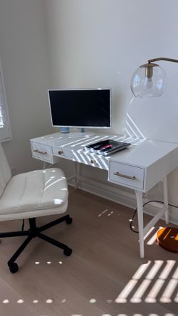 Modern White Writing Desk + Oversized Office Chair Set