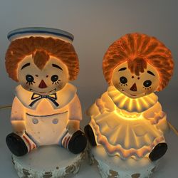 Vintage Raggedy Ann & Andy Night Lights Lamps Bisque Porcelain Aladdin Giftware