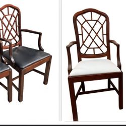 Vintage Chinese chippendale chairs dining room set 4 chairs and table glass top Hollywood regency