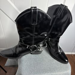 Hieress Women’s Cowboy Boots Black Patent Leather Embellished Harness Size 8 Pointed Toe