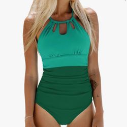 CUPSHE One Piece Swimsuit for Women Bathing Suit Cut Out Cross Back Tie Deep V Neck Ruched High Cut