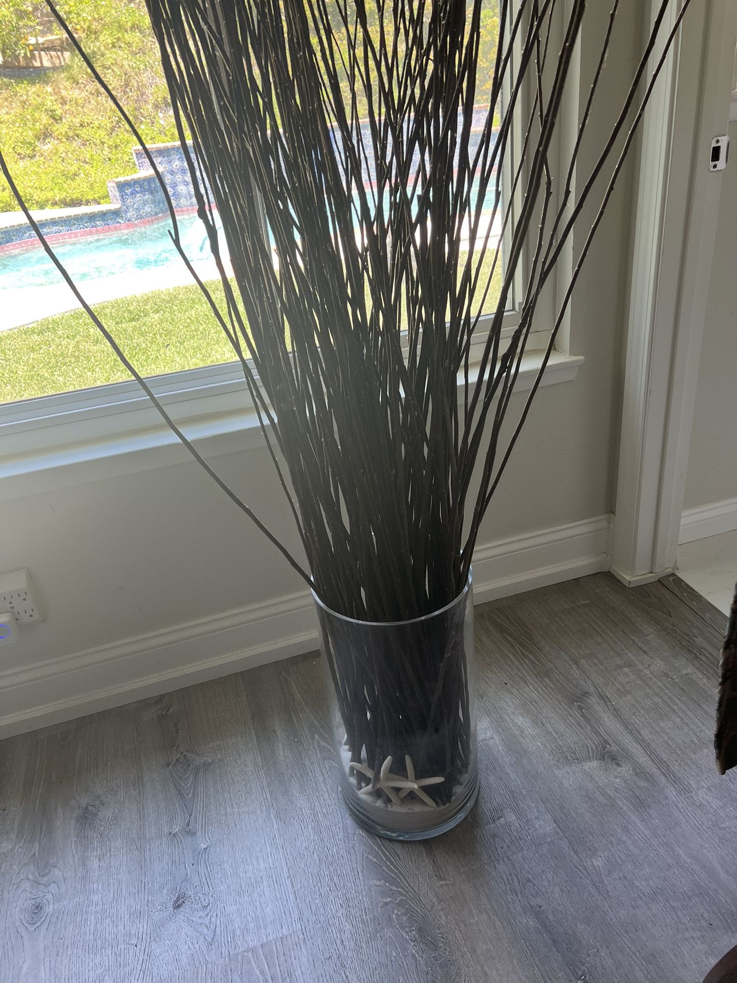 Decorative Branches In Glass Vase With Sand And Seashell