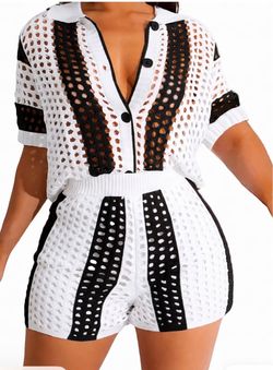 White & Black Crochet Two-Piece Short Set