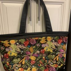 1991 vintage vegetable Nicole Miller Collection black leather strap inside zip pocket zipper closure.