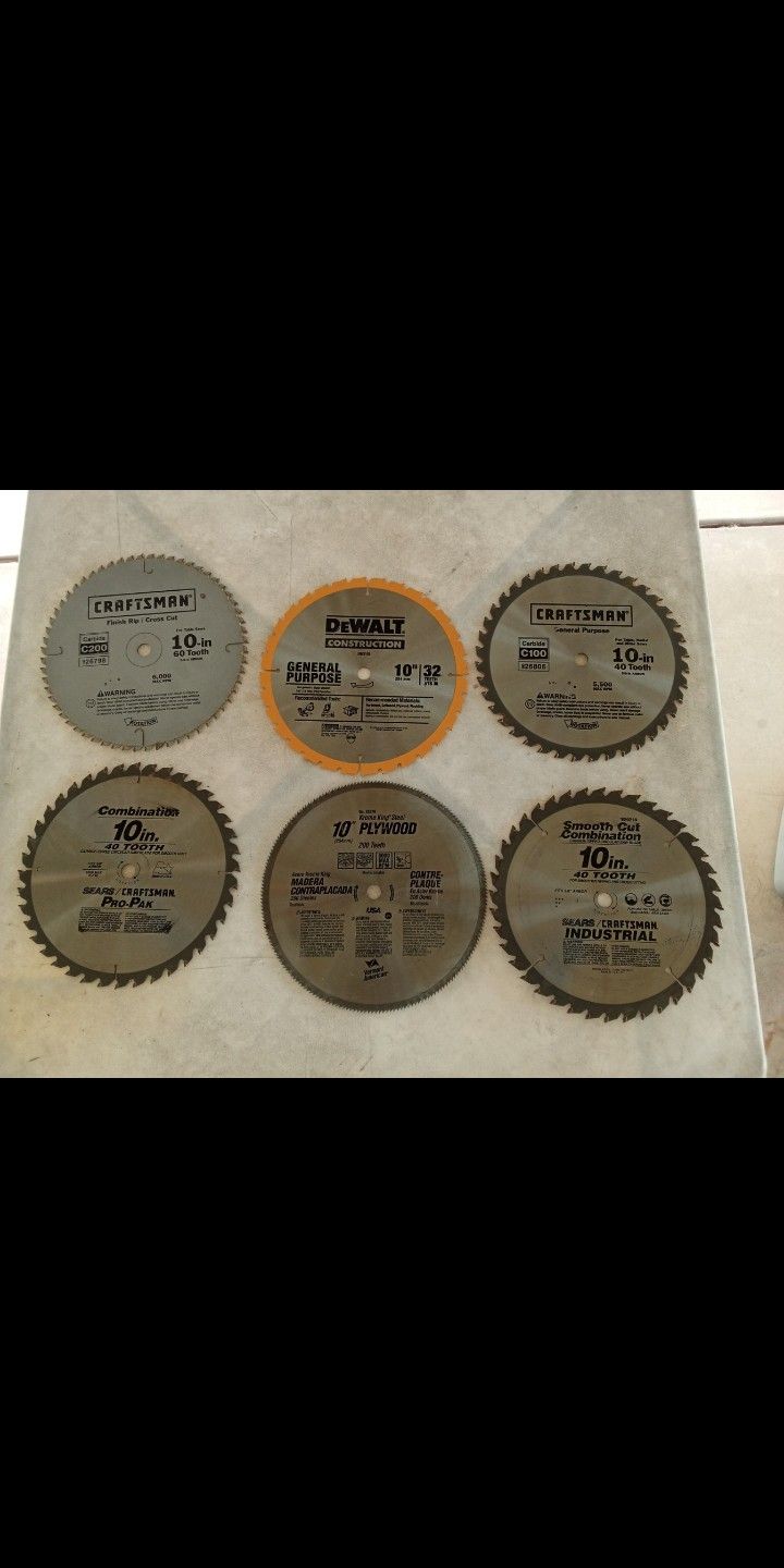 Set Of 6 Ten Inch Saw Blades For Table Saw, Chop Saw, Or Combination Saw