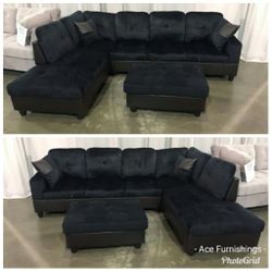 Brand New Midnight Black Microfiber Sectional With Storage Ottoman 