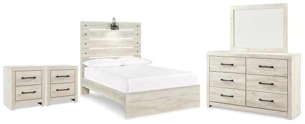 Cambeck Whitewash Full Panel Bed, Dresser, Mirror and 2 Nightstands