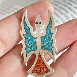 Vintage Gene Gibson Sterling Silver Turquoise Coral Thunderbird Pendant Necklace