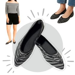 Black and Gray Women’s Pointed-Toe Ballet Flats, Elegant and Lightweight Knit Shoes with Super-Soft Cushioned Insole, Flexible Outsole & Zebra Style