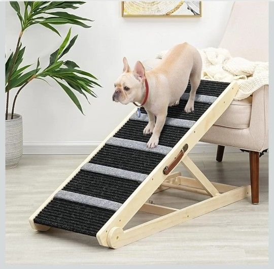 Wooden Adjustable Pet Ramp for All Dogs and Cats - Non Slip Carpet Surface and Foot Pads - 40" Long and Adjustable from 12” to 26” - Up to 200LBS