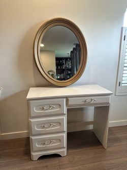 White Vanity Desk with Gold Oval Mirror