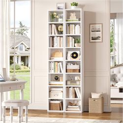 2 Pcs 71'' Tall Narrow Bookshelf, 8-Tier Media Tower Rack Set of 2, CD DVD Storage Cabinet with Adjustable Shelves, Tall Narrow Bookcase Sk