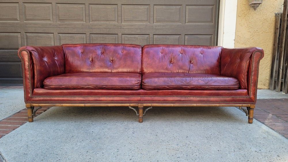 Vintage SCHAFER BROS Chippendale Chinoiserie Leather Sofa